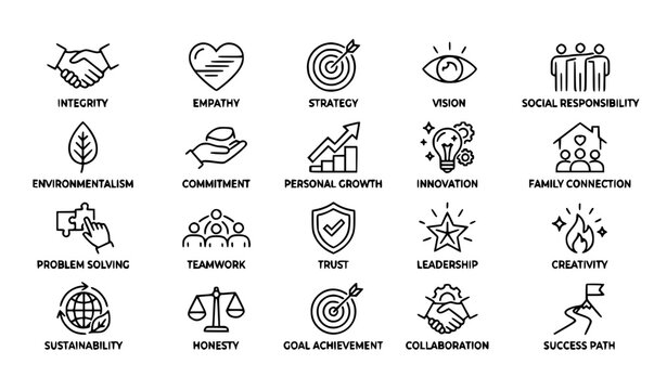 Company core values outline icons with ethics innovation and social responsibility vector set