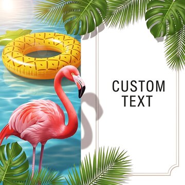 Tropical summer scene with flamingo and pineapple pool float