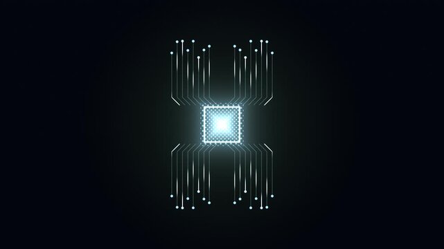 Digital circuit board processor chip with glowing connections and data flow, representing advanced computing, artificial intelligence, and modern technology infrastructure for big data analysis.