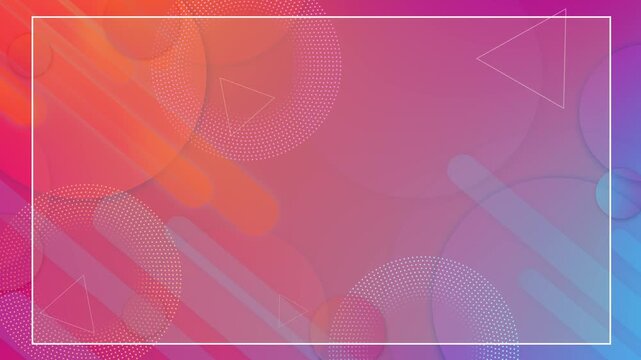 Coral, pink, purple and blue shapes form a modern geometric frame with dotted circles and clean central copy space. Bright looping animation suits social promos, shows, youth events, and creative ads.