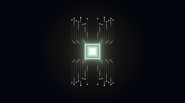 Digital circuit board processor chip with glowing data lines and connection points, representing advanced technology, artificial intelligence, and computing power in a futuristic dark environment.