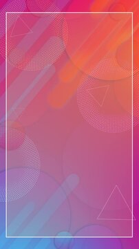 Vibrant gradient forms outlined triangles, circles, and halftone rings surround an open border. Energetic abstract motion supports app promos, business slides, festival notices, and digital campaigns.