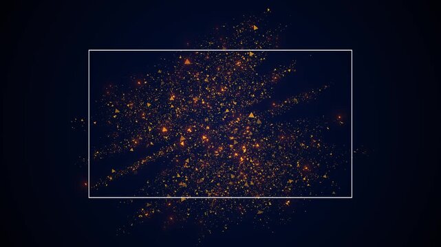 Golden triangular particles sweep across a deep navy background behind a clean white frame. Elegant abstract motion suits luxury titles, awards, event openers, brand reveals and festive presentations.