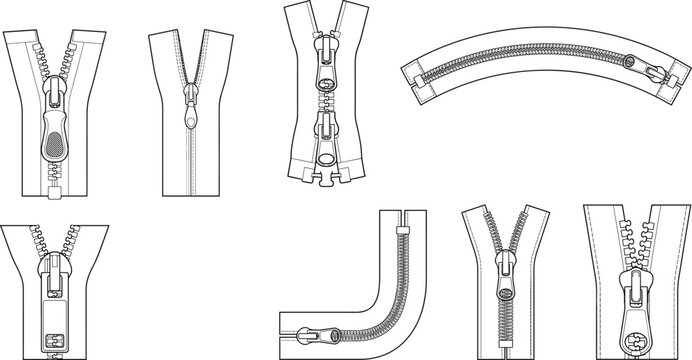Zipper Components Technical CAD Flat Sketch Collection Vector Template for Apparel Design