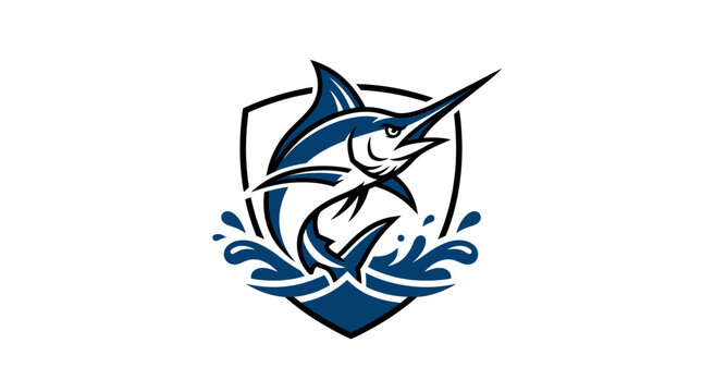 Marlin fish leaping water shield emblem