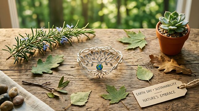 Silver Tree of Life Bracelet with Earth Globe on Rustic Wood Background for Earth Day Sustainability