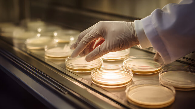 A technician carefully handles environmental swab samples on agar plates in a biosafety cabinet.