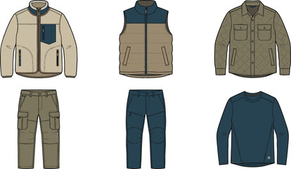 Men Outdoor Autumn Winter Apparel Clothing Vector Fashion Technical Sketch Set Featuring Fleece Jacket Puffer Gilet Quilted Overshirt Cargo Pants and Long Sleeve Top © mstmanju