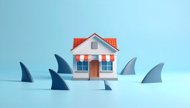 Small house isolated in water with surrounding shark fins, symbolizing financial risk, economic uncertainty, vulnerability and property protection.
