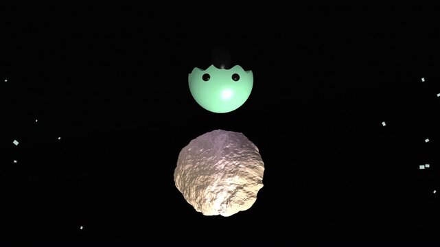 Green egg character head exploding above textured rock asteroid in abstract cosmic space with glowing light and particles, conceptual idea generation animation.