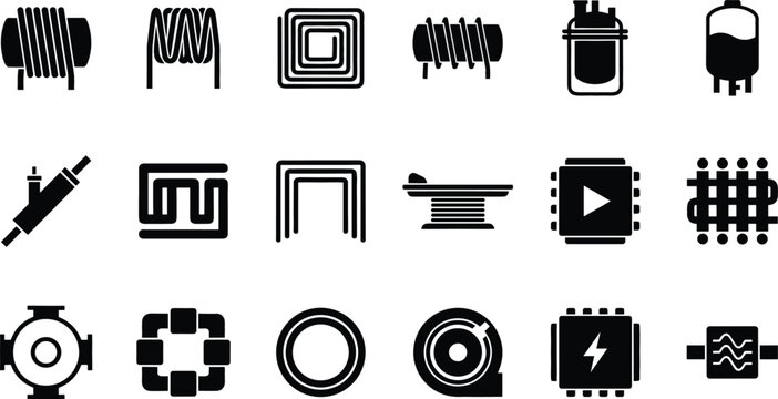 Electronic Inductor and Copper Coil Component Vector Icon Set Featuring Transformers Solenoids Microchips and Electrical Circuit Symbols for Engineering Diagrams