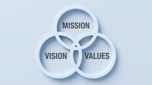 Business strategy concept diagram showing mission vision and values inside interlocking circles 3d rendering