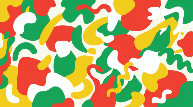 Abstract Colorful Pattern of Organic Shapes in Red Green Yellow and White Playful Background