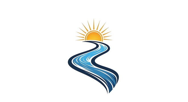 Winding river logo design leading toward a rising sun