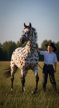 Young boy wearing a hat leading a spotted horse in a field