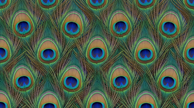 Close-up peacock feather texture with vibrant green, blue, gold and turquoise eye patterns, creating an elegant iridescent background for fashion and decorative design.
