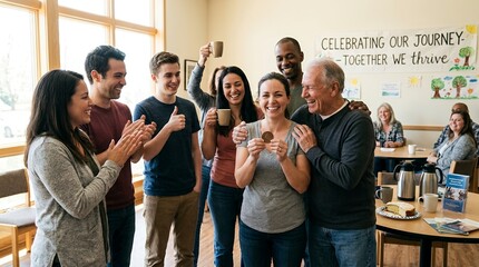 Fototapeta premium Diverse group of people celebrating a woman receiving an award in a community center.