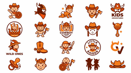 Fototapeta premium Cartoon Cowboy and Viking Themed Baby Adventurer Logo Collection