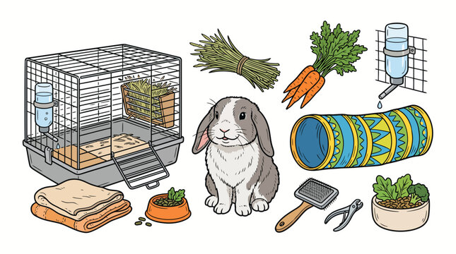 Adorable Lop-Eared Rabbit with Essential Pet Care Supplies.