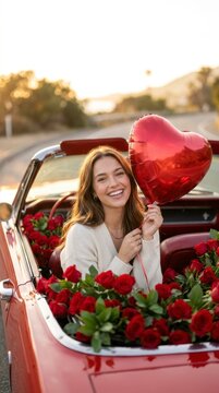 Happy woman with heart balloon in red car. Romantic girl holding roses in convertible.