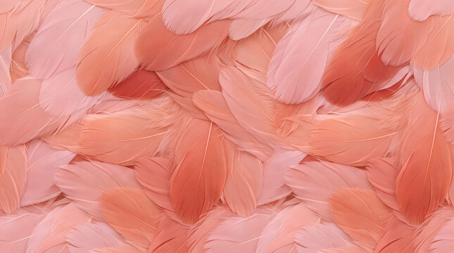 Close-up pink flamingo feathers in soft coral and blush tones, creating a delicate natural plumage texture for backgrounds, fashion, beauty and decorative design.