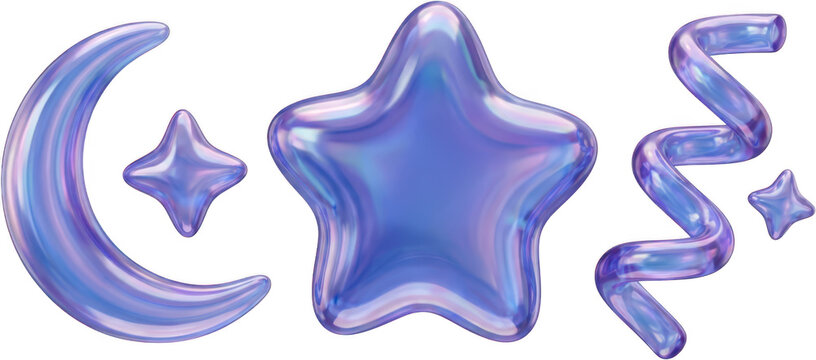 A collection of glossy purple iridescent celestial objects including a crescent moon shape a central five pointed star a spiraling ribbon element and two small shimmering four pointed stars