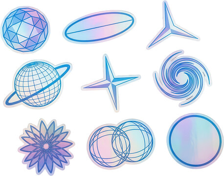 A collection of various holographic celestial and geometric shapes including planetary globes stars spheres flower motifs and swirling galaxy patterns rendered in iridescent blue and purple