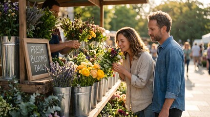Fototapeta premium Happy Caucasian couple buying fresh colorful flowers at outdoor street market. Smiling man and woman enjoying weekend, for local shopping.