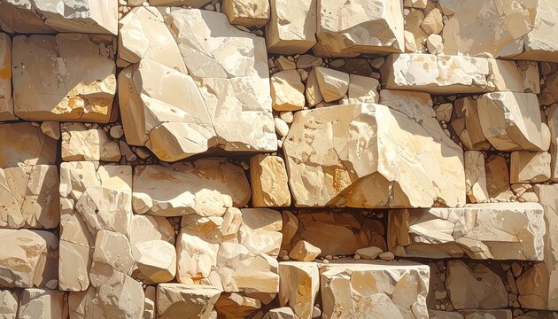 Rough Beige Stone Wall with Irregular Blocks