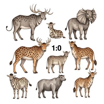 Collection of various hybrid fantasy animals on white background