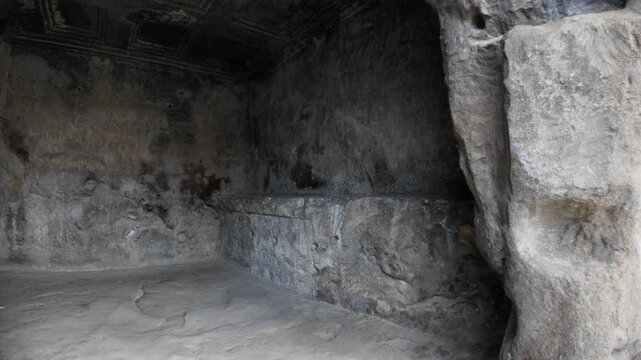 Uplistsikhe rock-hewn town, an ancient settlement dating from the Early Iron Age, presents carved structures into the sandstone overlooking the Mtkvari river valley near Gori, Georgia