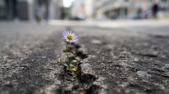 Single flower growing through crack in asphalt street.