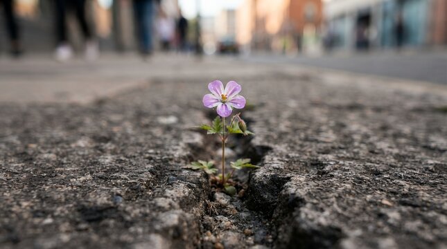 Small purple flower growing through a crack in the pavement with blurred background.