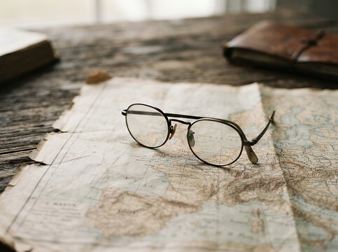 Vintage eyeglasses resting on an old map with a leather wallet and book.