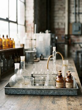 Vintage laboratory equipment and bottles on a metal tray in a rustic industrial setting.