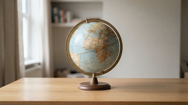 Vintage Globe on Wooden Table in Bright Room.
