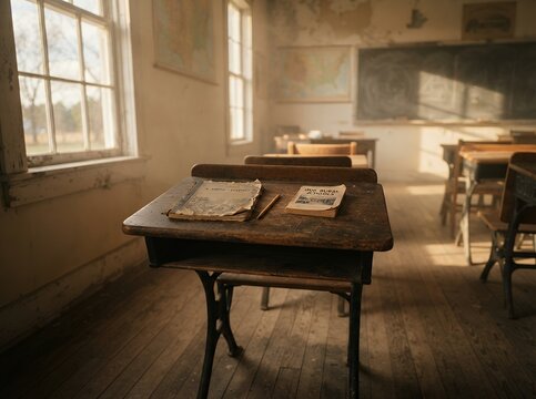 Vintage School Classroom with Old Desks and Sunlight.