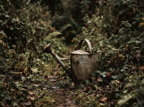 Vintage watering can resting on a forest path surrounded by lush green foliage.