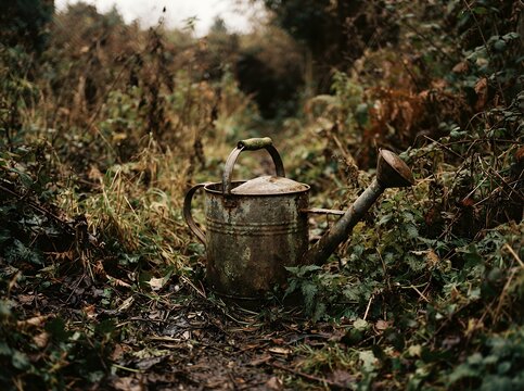Vintage Watering Can in Overgrown Garden Setting.