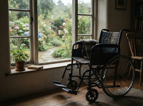 Wheelchair by the Window Overlooking a Lush Garden.