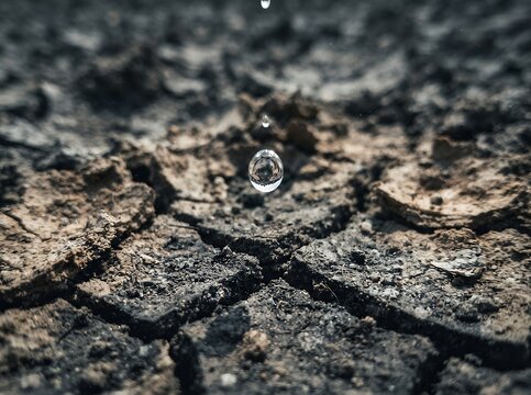 Water droplet falling onto cracked dry earth symbolizing drought and hope.