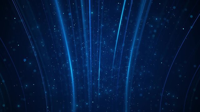 Bright blue beams rise through a deep navy space filled with small glowing particles, slender vertical lines, soft bokeh, and radiant depth, creating a futuristic stage, portal, or digital atmosphere.