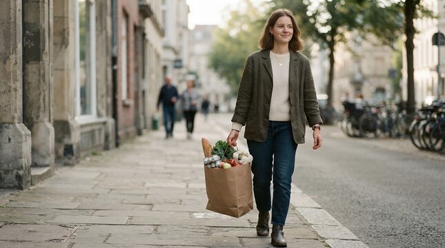 Woman walking down a city street carrying a grocery bag full of flowers.