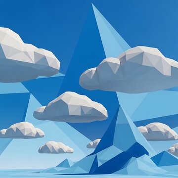 Minimalist low poly landscape with blue mountains and white clouds
