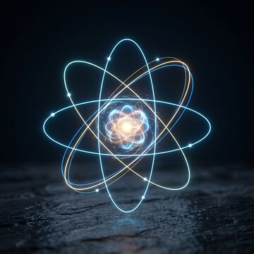 Abstract glowing atom model with orbiting electrons on dark background.