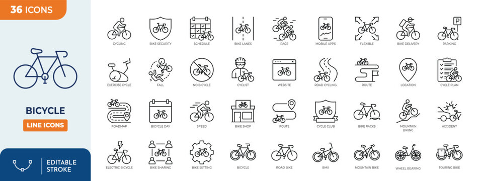 Bicycle line editable icon set. Editable stroke. Vector illustration