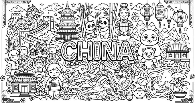 Chinesische Cartoon-Umrisse, handgezeichnete Linienkunst-Illustration, Doodle-Kunst-Malvorlage f&uuml;r Kinder