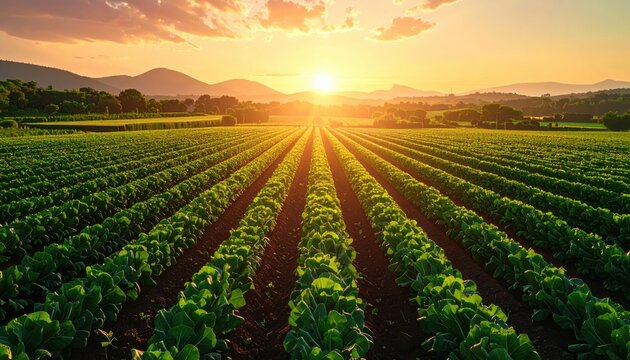 Golden Sunset Over Vast Green Farm Rows