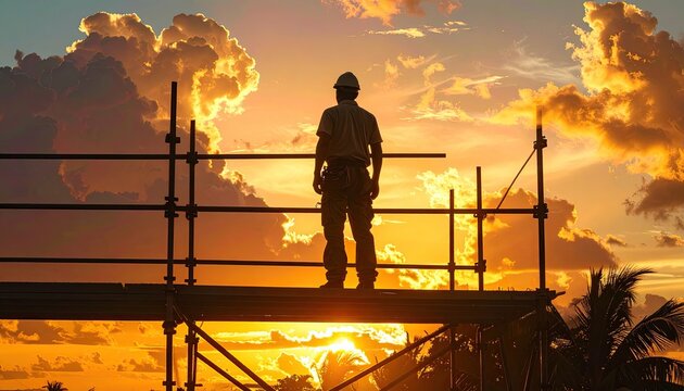 Silhouetted Construction Worker Standing on Scaffolding at Sunset