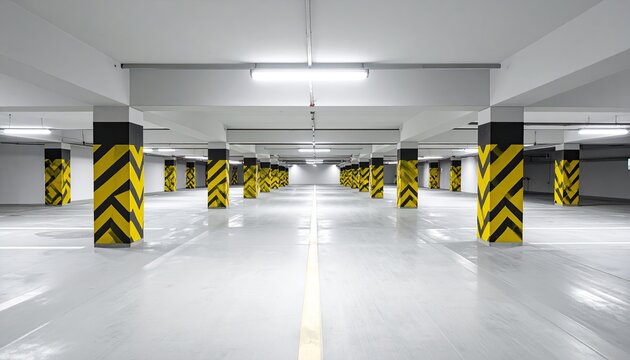 Wide Empty Parking Garage Columns Yellow Black Stripes Bright Lighting